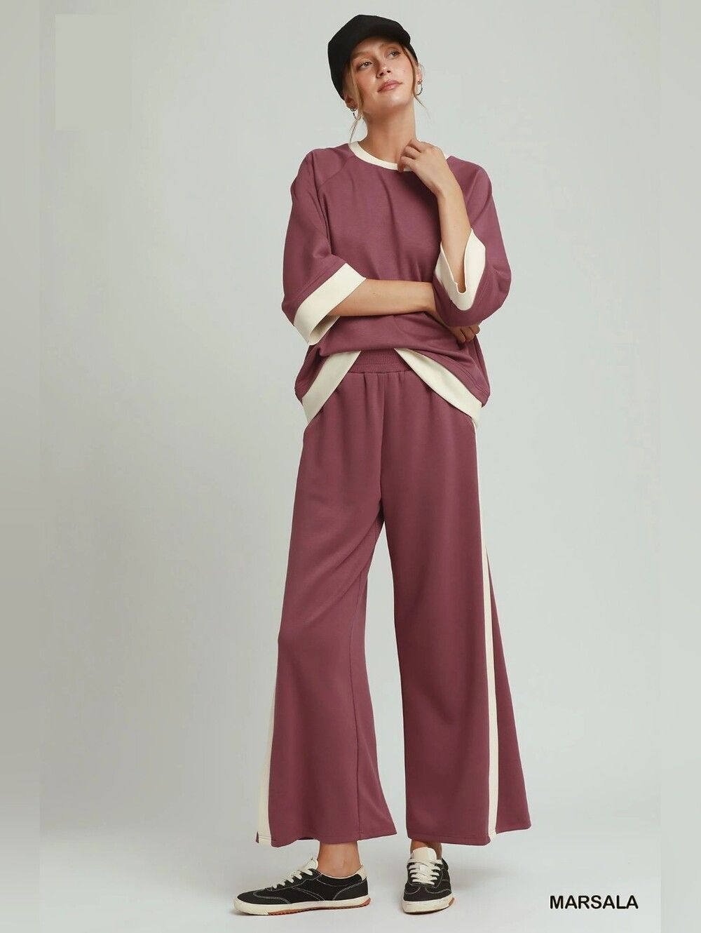 Last Day ◇ Umgee Colorblock Side Stripe Lounge Trouser in Rose w Cream Trim sz L - Picture 4 of 5